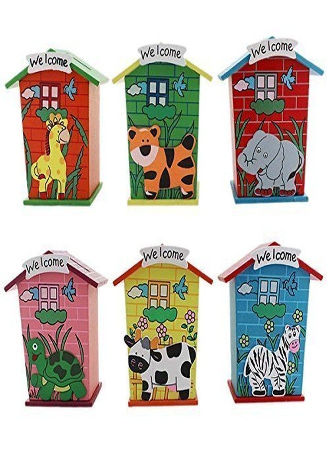 SHB Products Loggas Wood House Animal Designs Piggy Bank (Multicolour) - Set of 6 - Image 1